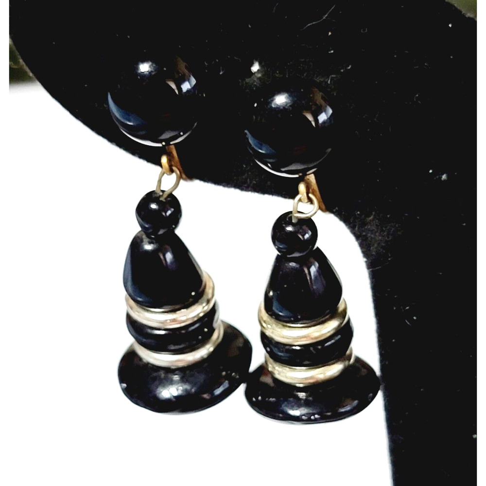 Vintage Black & Silver Mid-century Long Dangle Screw Back Earrings Lucite sb-32 - Picture 4 of 7